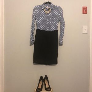 Loft XS Polka-Dot Cotton Chambray Blouse